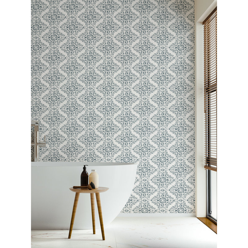 Lady Charlotte Timbre Damask 10' L x 25" W Peel and Stick Wallpaper Tile, Stone Blue, Self-adhesive