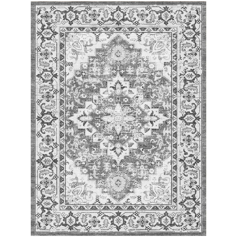 Eleana Vintage Distressed Washable Area Rug with Non-Slip Backing Gray White, Rectangle 6' x 9', Gray Beige