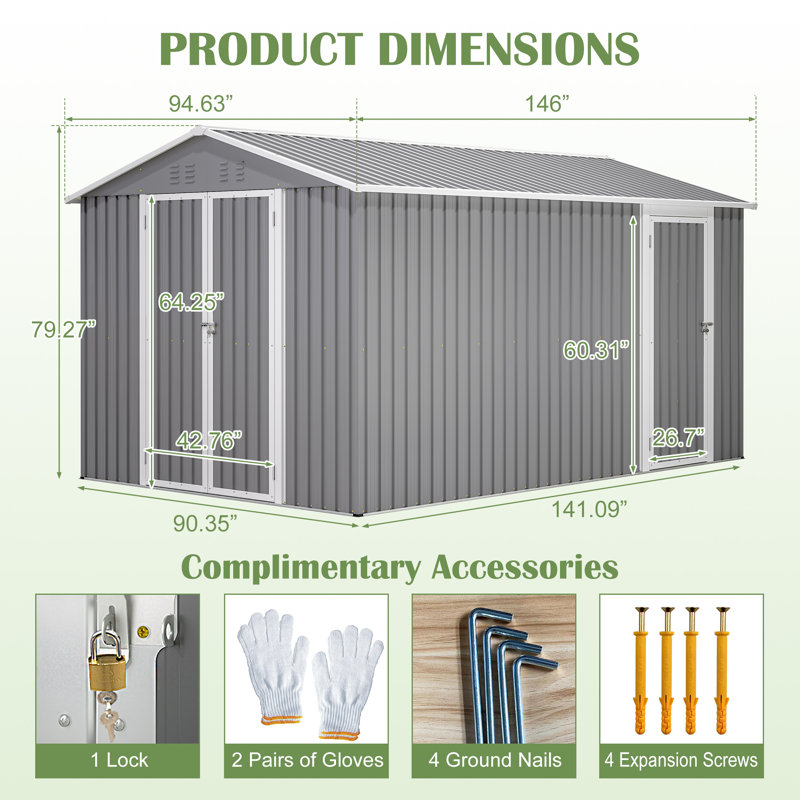 Remise de rangement extérieure 8 x 12 pi - Structure en aluminium - 3 pièces - Remise de jardin - Gris - Porte latérale et portes doubles verrouillables