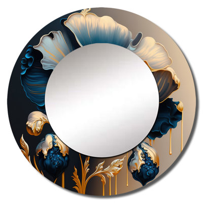 Orvell Deep Blue And Gold Single Flower V - Floral Unique Wall Mirror, Blue Round Mirror, Printed Metal Art