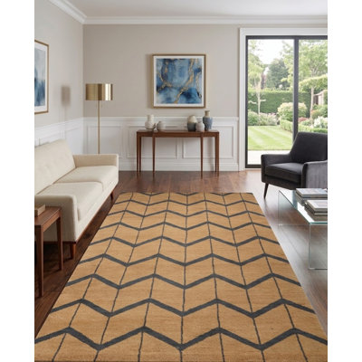Gold | Charcoal Wool Handmade Geometric Indoor Area Rugs Hand Knotted Rectangle