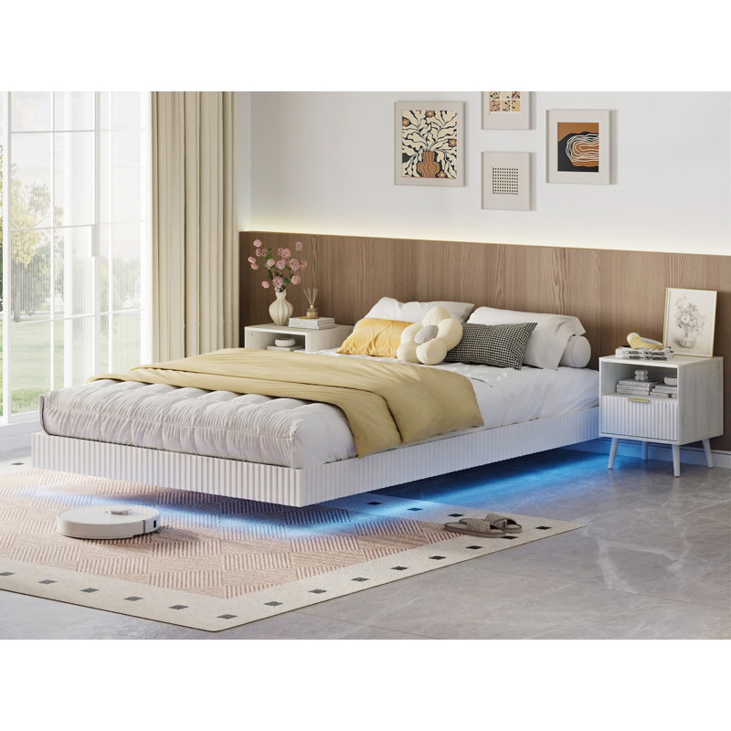 3-piece Bedroom Set, Queen Size Fluted Floating Bed & 2 Nightstands, No Headboard, No Box Spring Needed, Queen, White