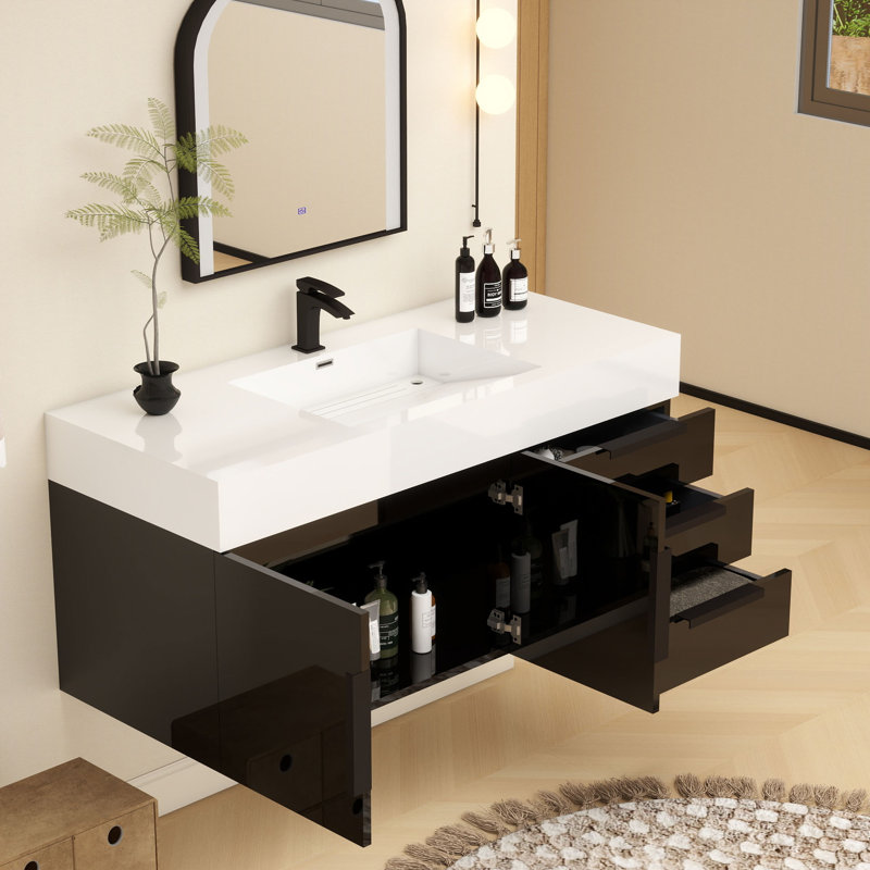 Meuble-lavabo mural simple 48 po Jessica, Noir brillant