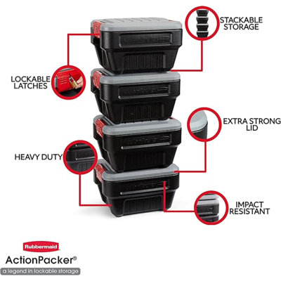 Rubbermaid Actionpacker 8 Gallon Storage Bins, 4 Pack, Lockable