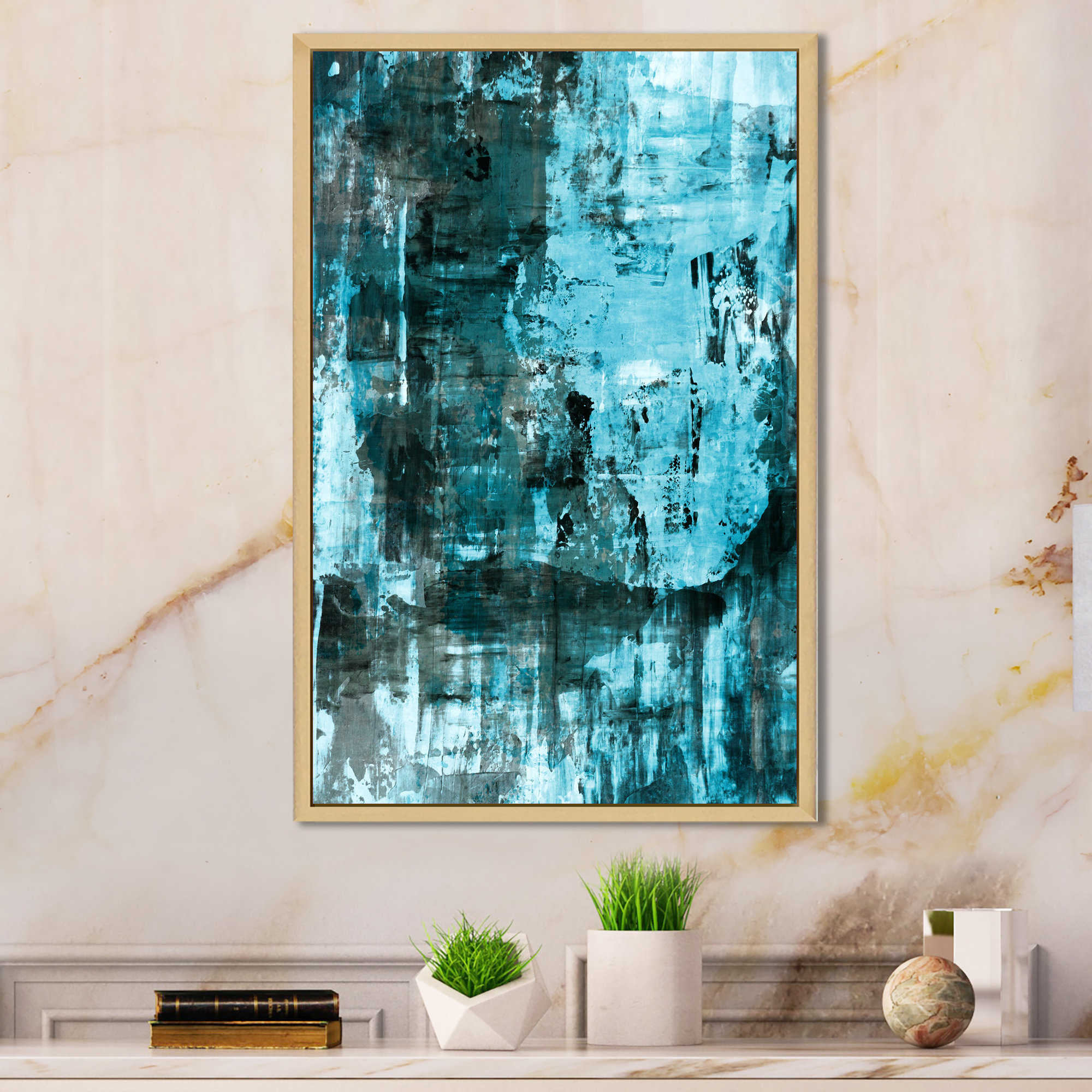 17 Stories Blue Abstract Art Painting Framed On Canvas Print | Wayfair