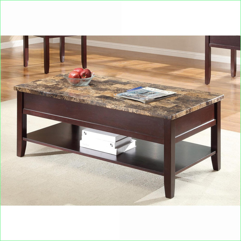 Table basse à plateau relevable en cerisier foncé avec plateau en faux marbre Rangement - idéal pour les salons