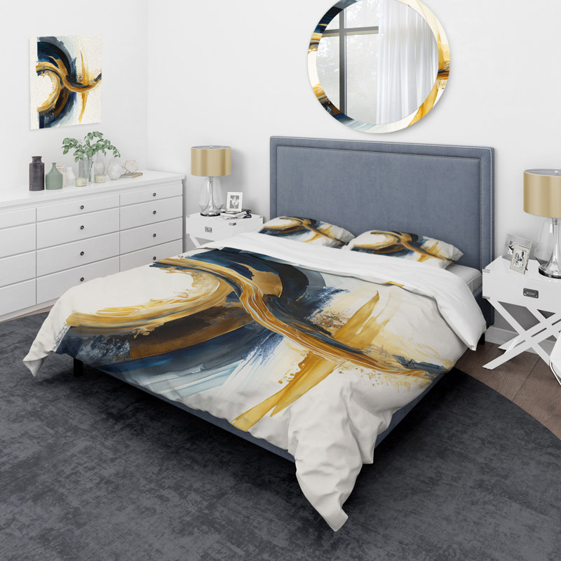 Bleu et or tourbillon abstrait III - ensemble de housse de couette spirale moderne - polyester microfibre