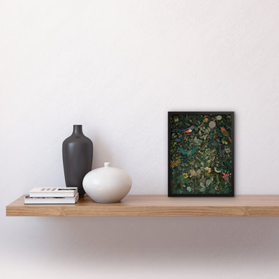 Aavi Butterflies And Birds On Flowering Shrub Folk Art - Single Picture Frame Print