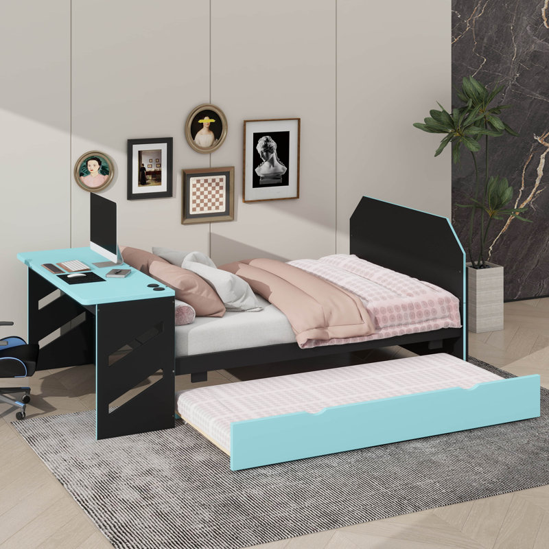 Full Size Wooden Daybed – Twin Trundle Bed, Desk & USB Charging Ports Included, Cloud Blue