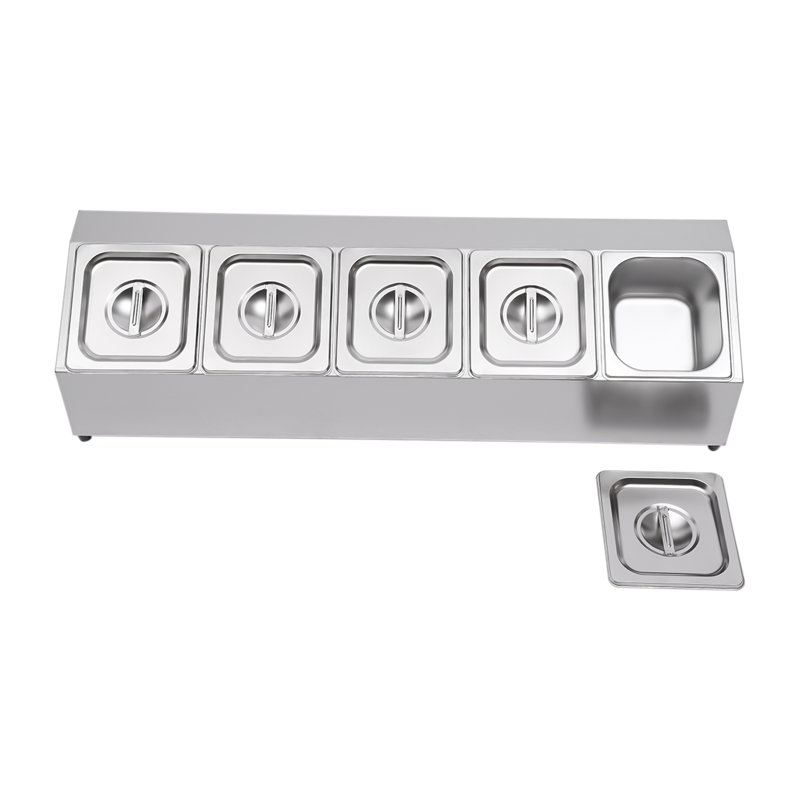 Support à condiments en acier inoxydable à 5 plateaux avec station de préparation de comptoir 33,86 po avec couvercle pour buffet de cuisine