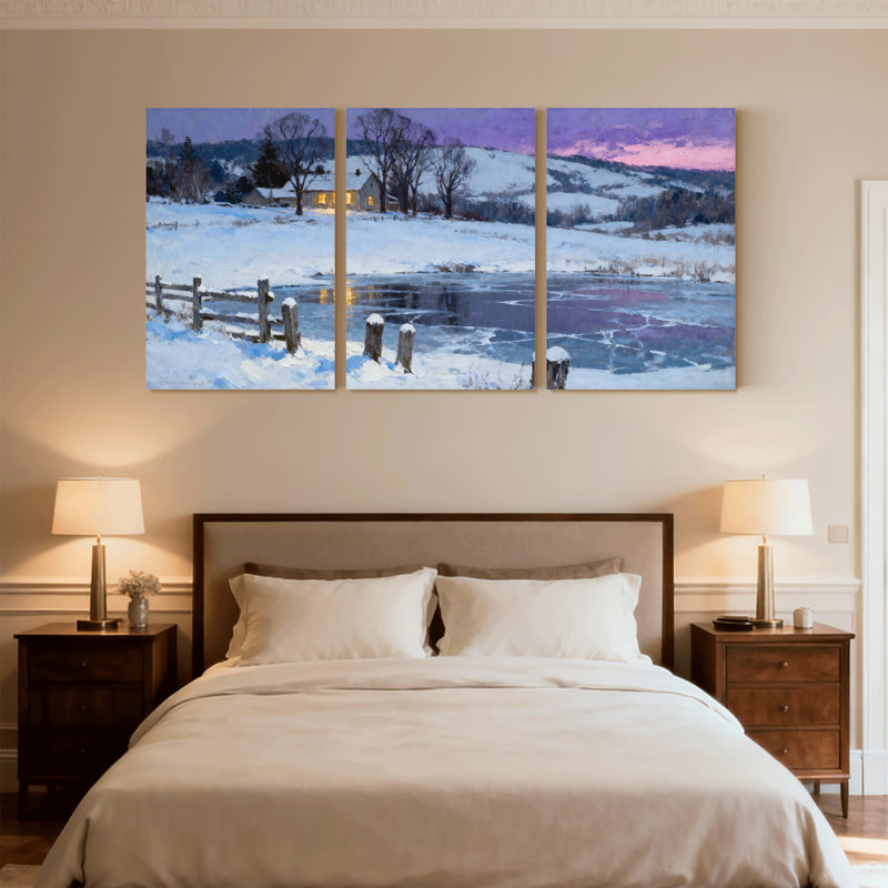 Scénario et paysages urbains paysage d'hiver avec champ enneigé et maison, ensemble de 3 impressions sur toile
