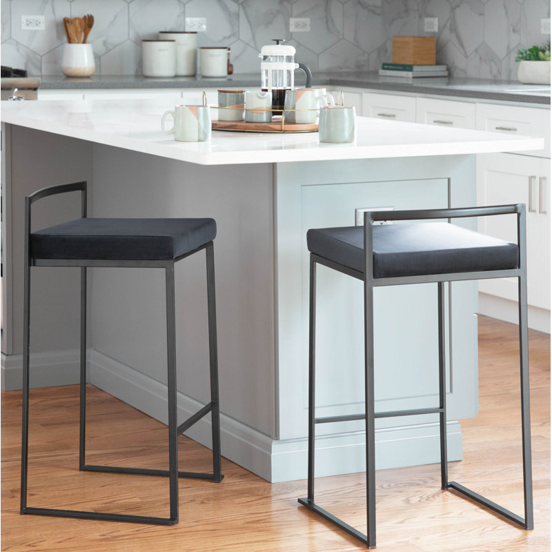 Tabouret de bar et de comptoir Brieon, Noir, Velours noir, Tabouret de comptoir (siège d'une hauteur de 27 p