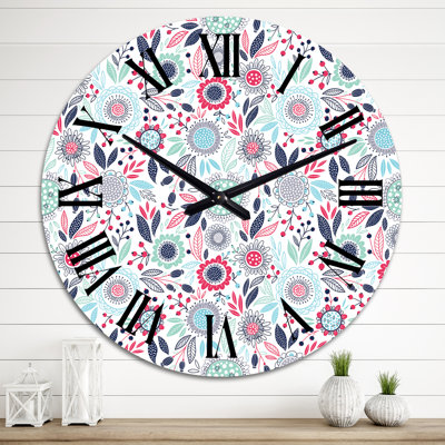 Horloge murale rétro à motif de fleurs roses et bleues