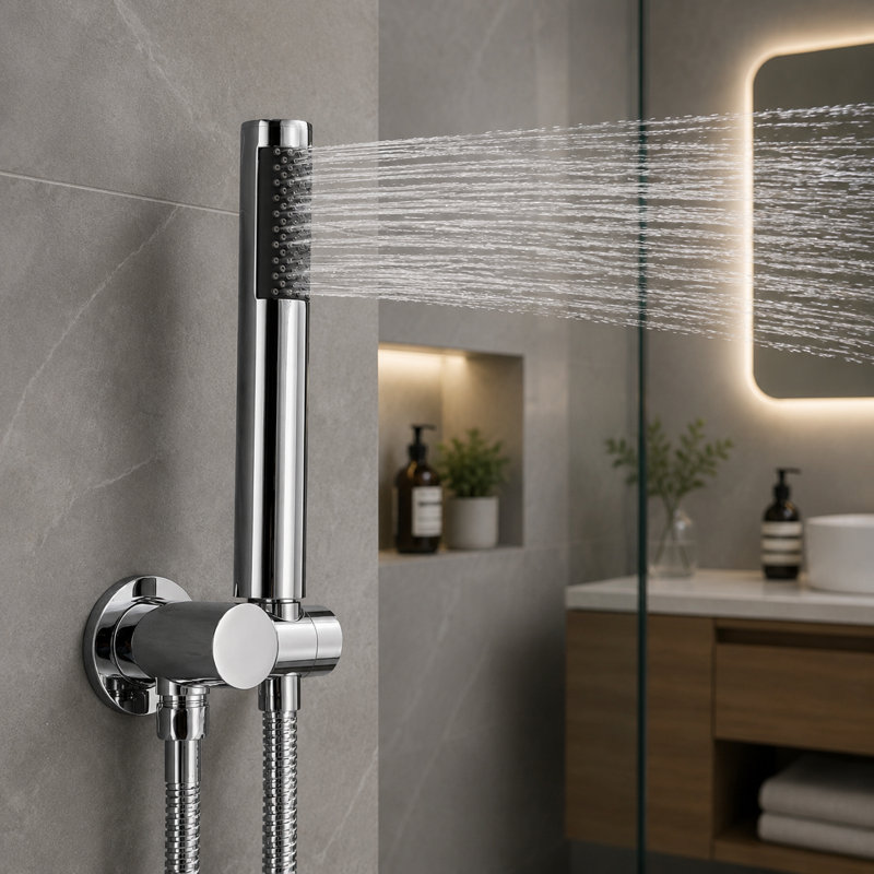 Système de douche mural chromé, ensemble de robinet de douche complet avec pomme de douche à effet de pluie de 10 pouces et douche à main, soupape brute incluse