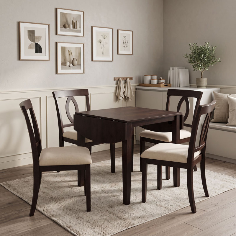 Ensemble de salle à manger 5 pièces avec table à abattants en bois et 4 chaises rembourrées, Dark Brown