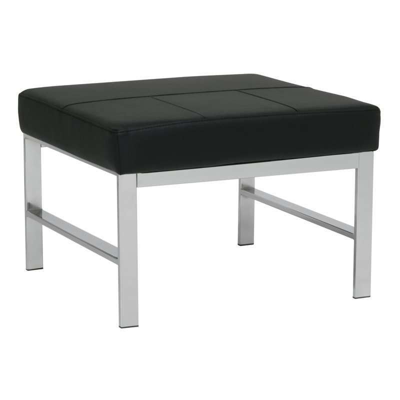 Atlas Modern Chrome and Leather Ottoman, Black