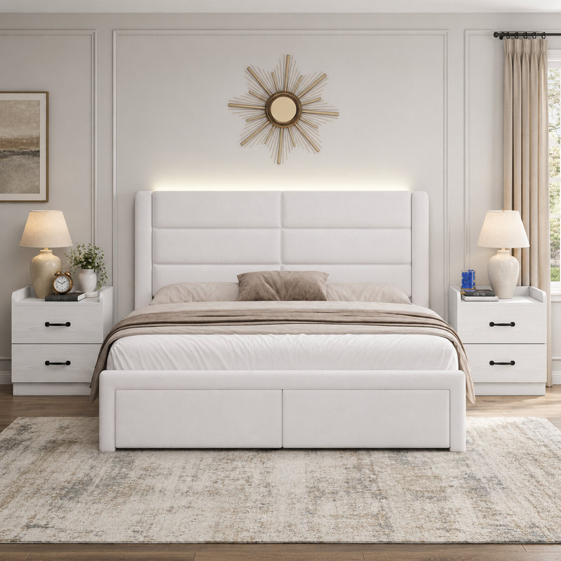 Faux Leather Upholstered Bed Frame with Headboard + 2-Drawer Nightstand with Charging Station, USB Ports & Outlets, Complete 3-Piece Bedroom Set