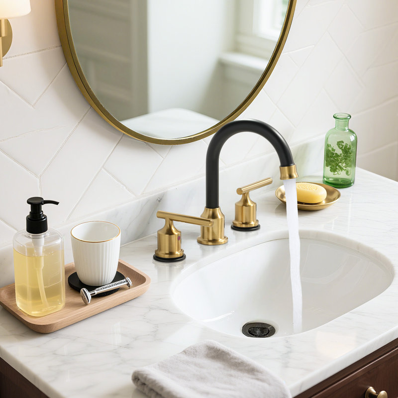2-handle Bathroom Faucet with Drain Assembly, Black/Gold