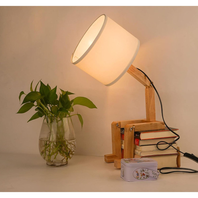Lampe de chevet robot avec abat-jour en tissu et lampe en bois massif