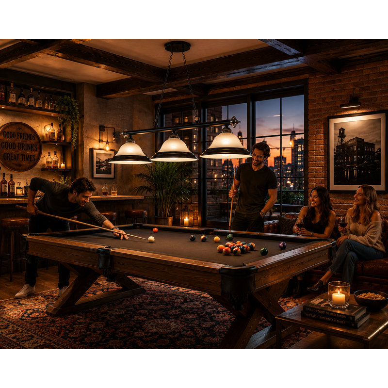 Luminaire suspendu 3 lumières pour table de billard Cobbutown par RAM Game Room, Noir mat / acier inoxydable