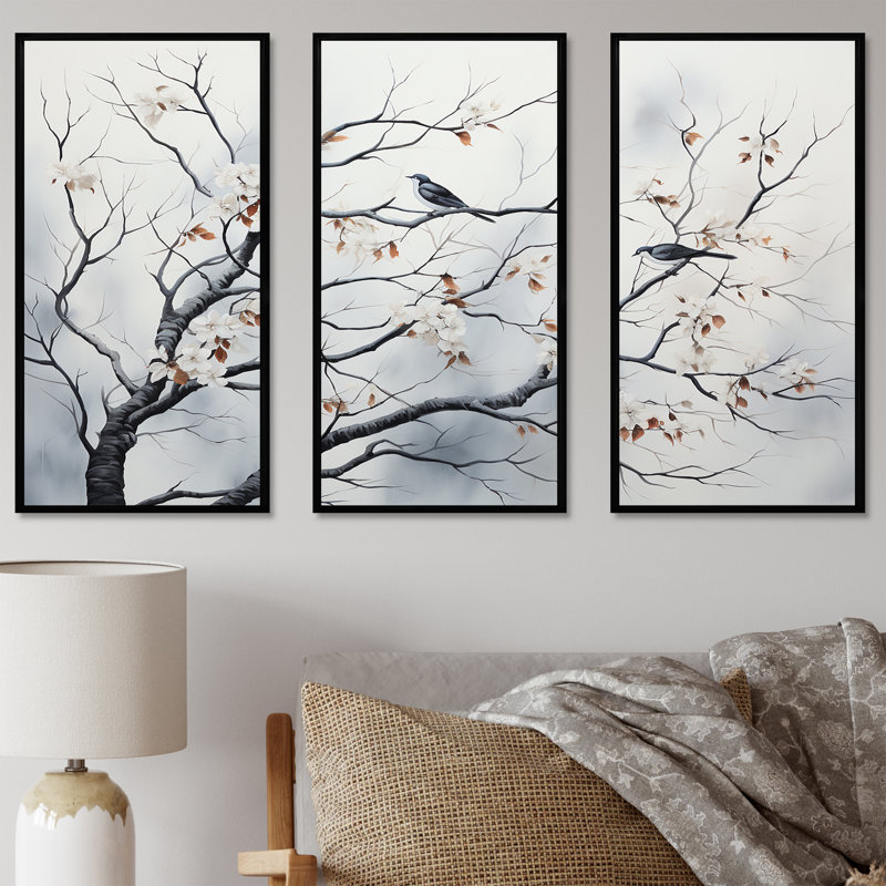 Gris gris, printemps, arbres, oiseaux, art mural, Cadre flottant noir, H 40 po x l 61 po x P 1 po