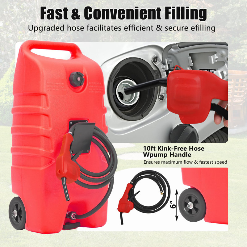 53L (15 Gal) Wheeled Fuel Caddy with Manual Siphon Pump & 10ft Hose – Portable Gasoline Transfer Tank for Cars, Boats, Lawnmowers – Red Cart