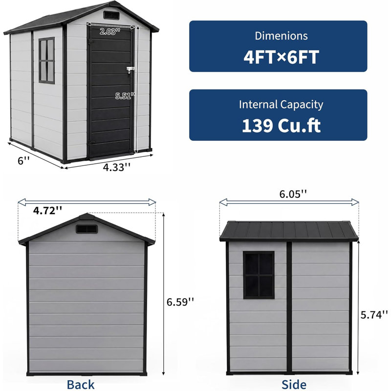 4x6 FT Outdoor Plastic Resin Storage Shed With Floor Window Sloping Roof Lockable Door For Patio Backyard Garden Lawn Mower Bike And Tool Storage