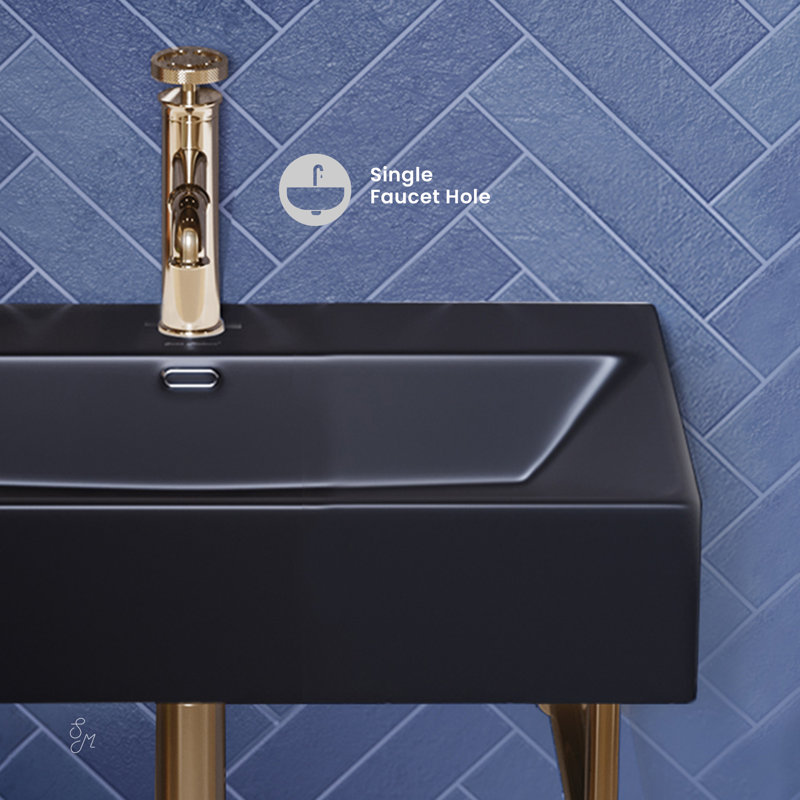 Claire Ceramic Console Sink Basin, Black/Gold, 35.38" H x 16.5" W x 24" L