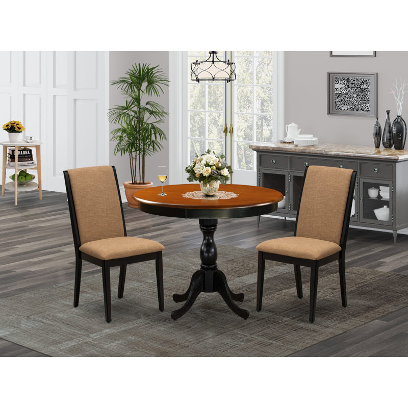 3 Piece Modern Dining Table Set Contains 1 Drop Leaves Dining Room Table and 2 Grey Linen Fabric Upholstered Chair with High Back - Acacia Walnut Finish