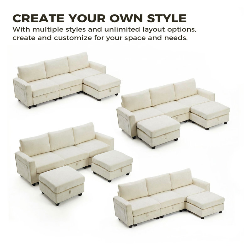 235 cm Storage Sofa with 2 Storage Ottoman, Beige/White