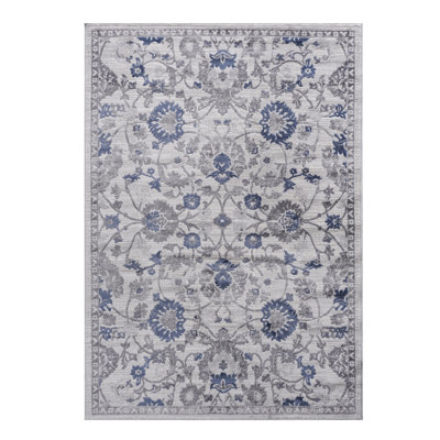 Tapis 6 x 9 en bleu / argent / motif, sans perte de teinture, qui convient au salon, à la chambre à coucher et à la salle à manger