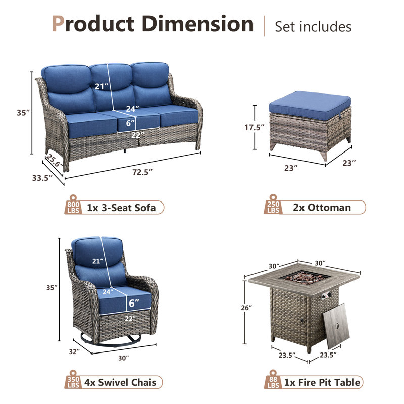 High Back Outdoor Furniture With 6-Inch Extra Thick Cushions, Patio Furniture Set With Fire Pit Table & Swivel Chairs, 8PCS Wicker Conversation Set For Yard, Deck, Poolside