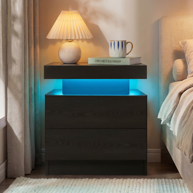 LED Nightstand with Drawers, Black Woodgrain