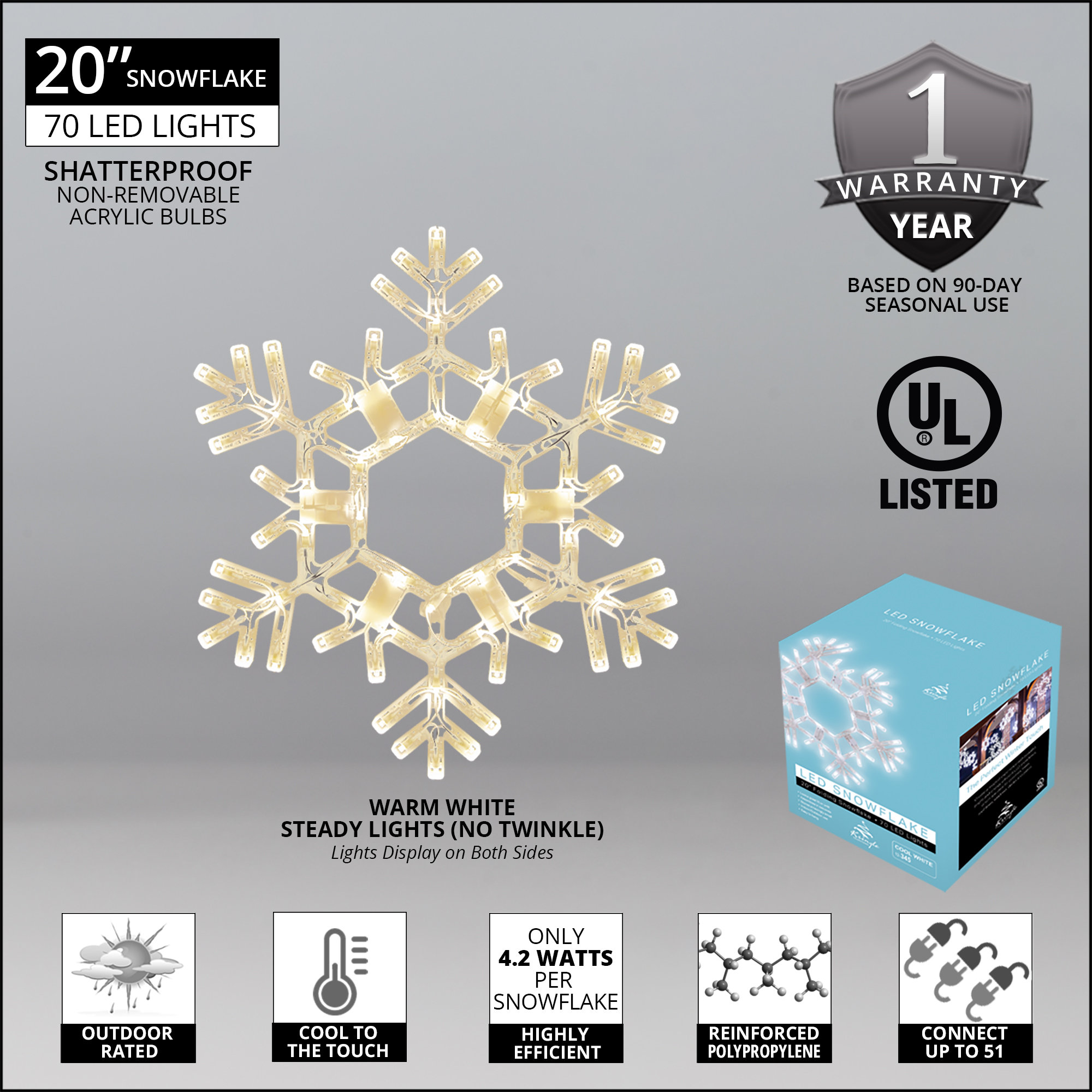 LED Folding Snowflake, Warm White, 20" H