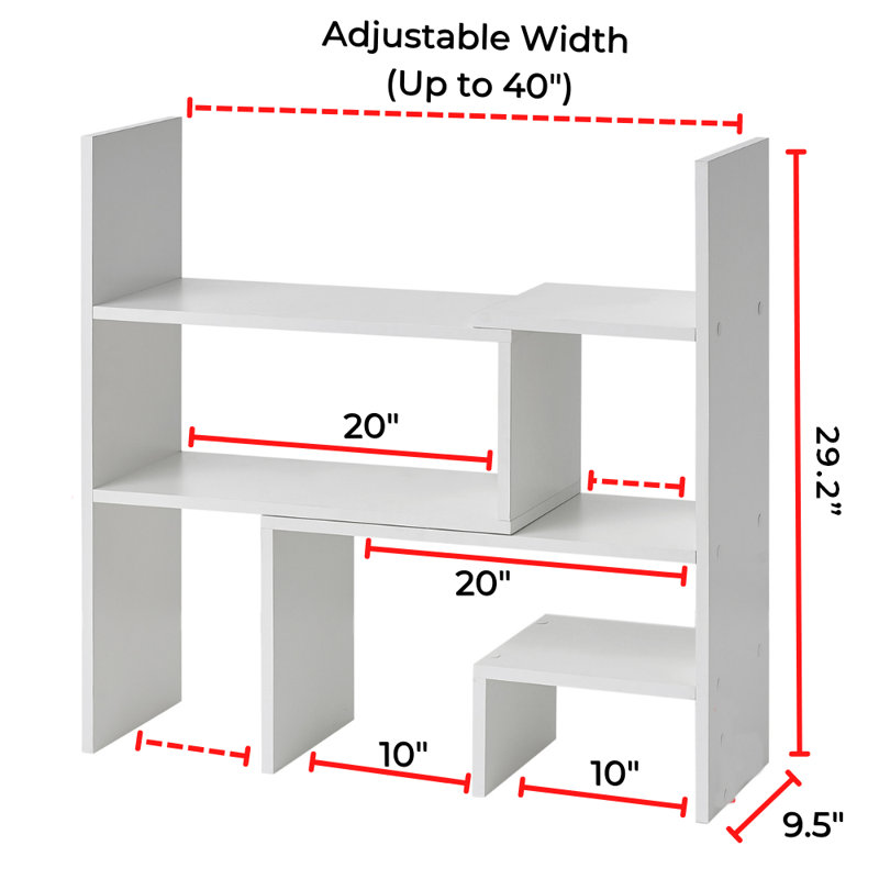 White Adjustable Compact Desk Bookshelf with Cubes