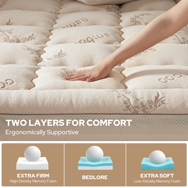 BEDLORE® Dual Layer 4" Memory Foam Mattress Topper with Rayon Bamboo Cover, 2" Cooling Memory Foam & 2" Plush Breathable Bamboo Pillow Top with 6-18" Deep Pocket, for Back Pain Relief