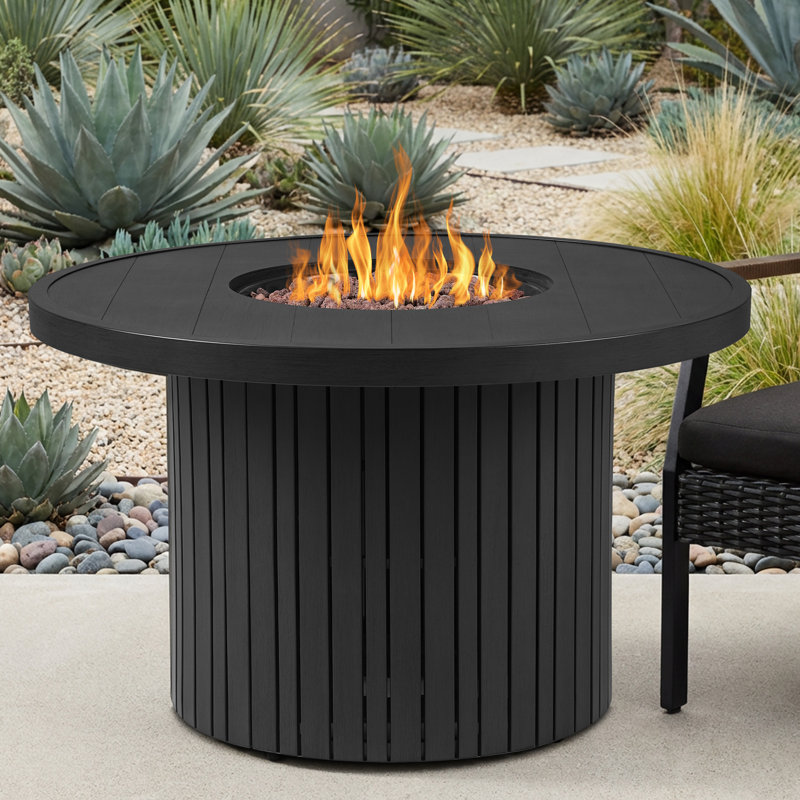Real Flame Calvin 44" Round Metal Propane Fire Pit Table With Hidden Tank, Black Coral