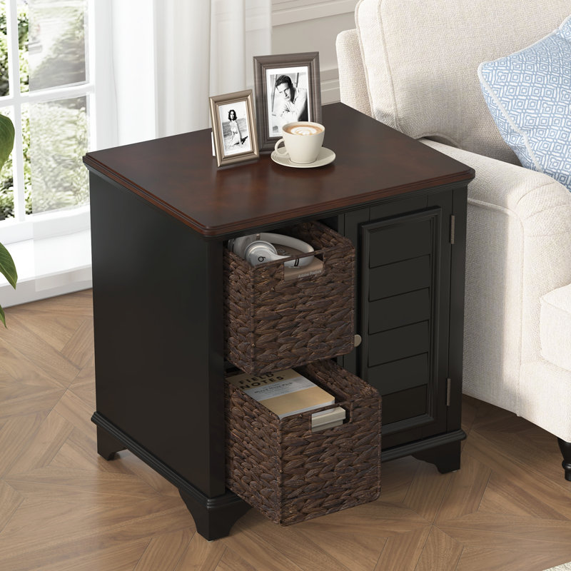 Table de bout de table d'appoint au design à volets avec deux paniers en gazon tressé, Noir