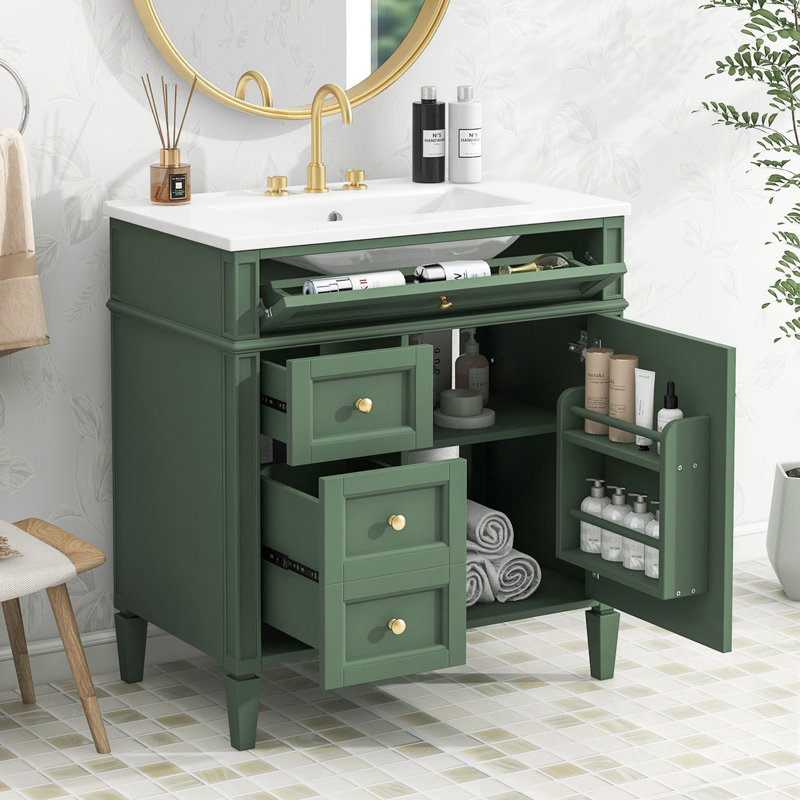Ensemble de meuble-lavabo avec lavabo, 2 tiroirs et un tiroir basculant, Vert/doré