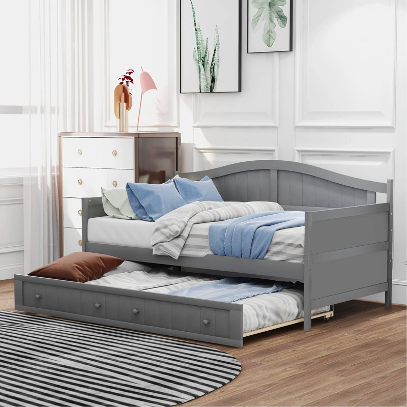Lit moderne, lit de jour en bois avec lit gigogne, cadre de lit pour la chambre à coucher, Grey