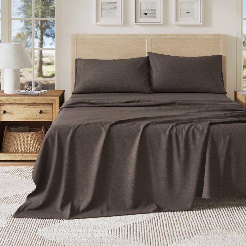 Ensemble de draps en jersey de coton chiné ultra doux, Gris anthracite, Double avec 2 taies d'oreiller