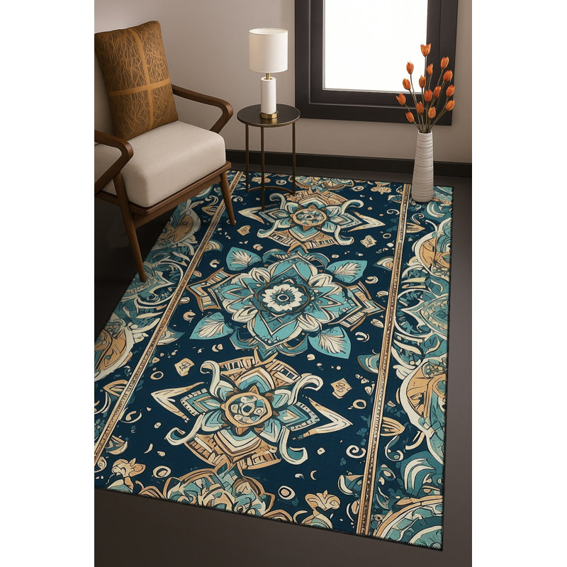 Tapis bleu tissé lavable rétro Mosso, 2'6" x 4'11"