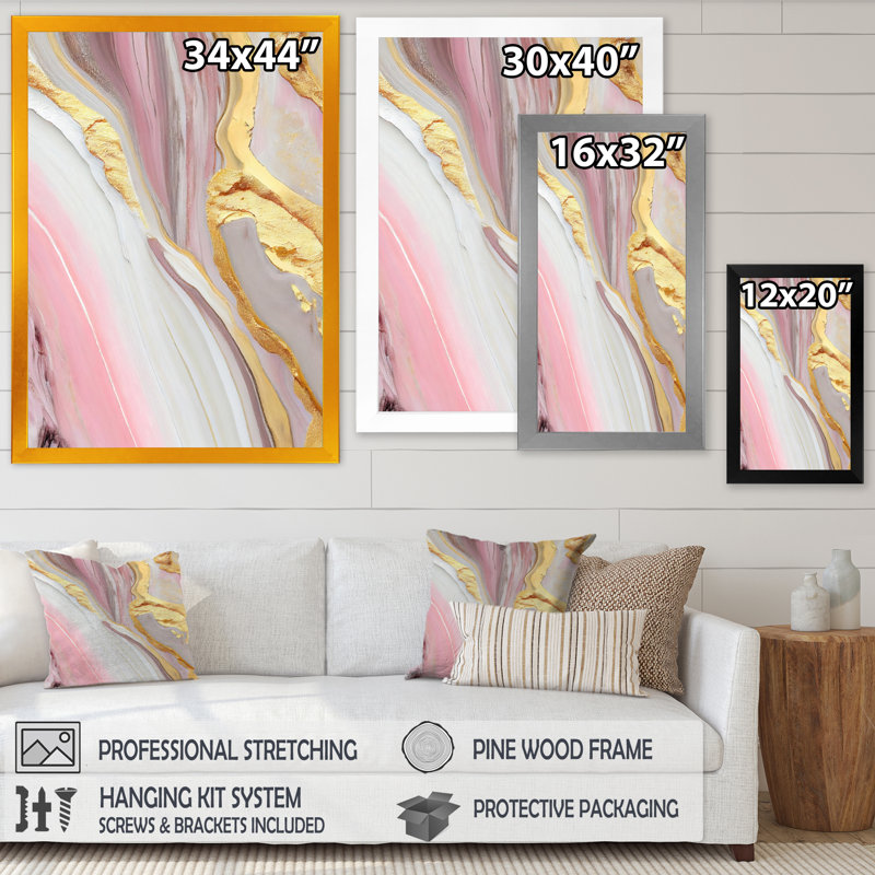 Rose et marbre doré abstrait III - art mural abstrait en marbre, H 20 po x l 12 po x P 1 po