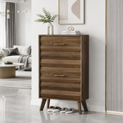 Wood Slim Flip-Top Shoe Cabinet, Mid-century Modern Freestanding Shoe Rack with Large Capacity and Narrow Style