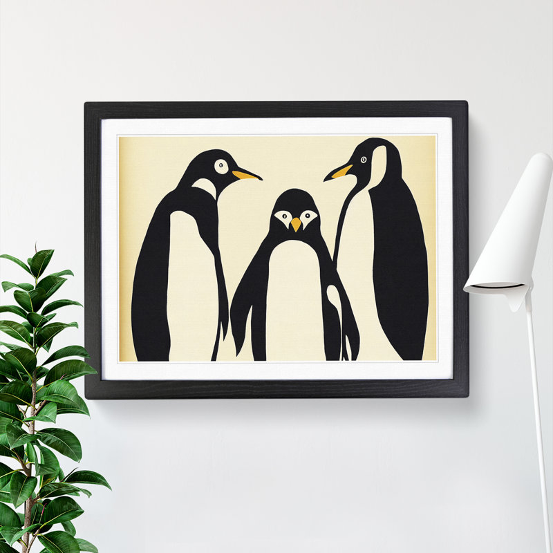 Three Penguins Abstract - Single Picture Frame Print, 34cm H x 46cm W x 2cm D, Black Framed