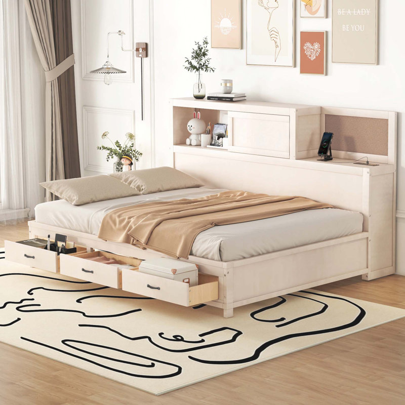 Wooden Daybed With 3 Storage Drawers, Upper Soft Board, Shelf, And A Set Of Sockets And USB Ports, Full/Double, White
