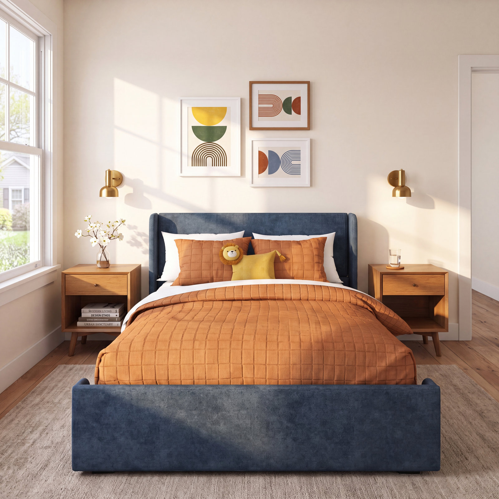 Solid Wood Upholstered Panel Bed, Full, Blue