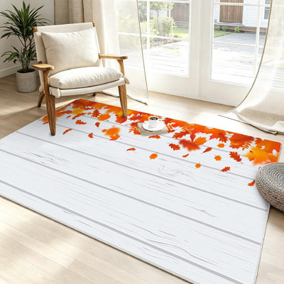 Clear Autumn Leaf Fall Autumnal Leaves White Wooden Orange Foliage Flying Machine Washable Indoor Area Rug