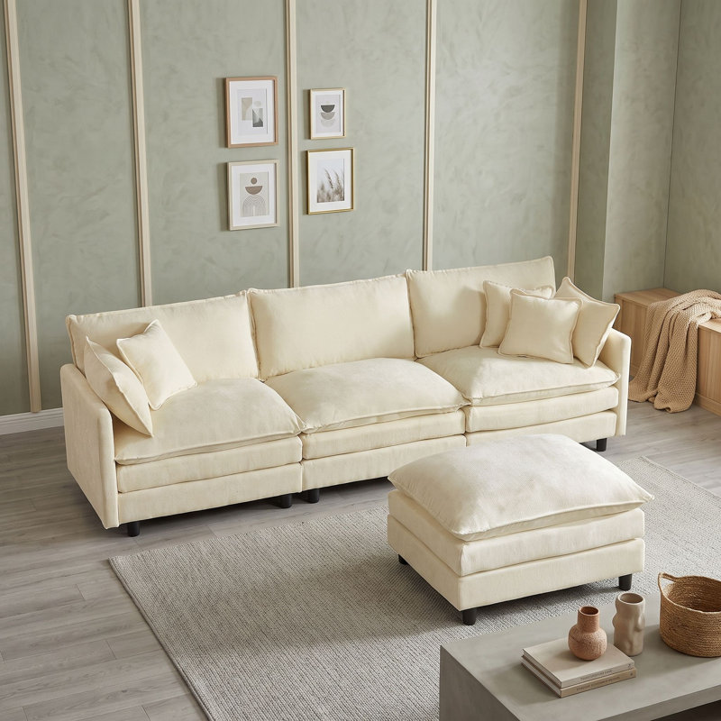 Canapé modulaire à trois places avec repose-pieds et coussin, Beige