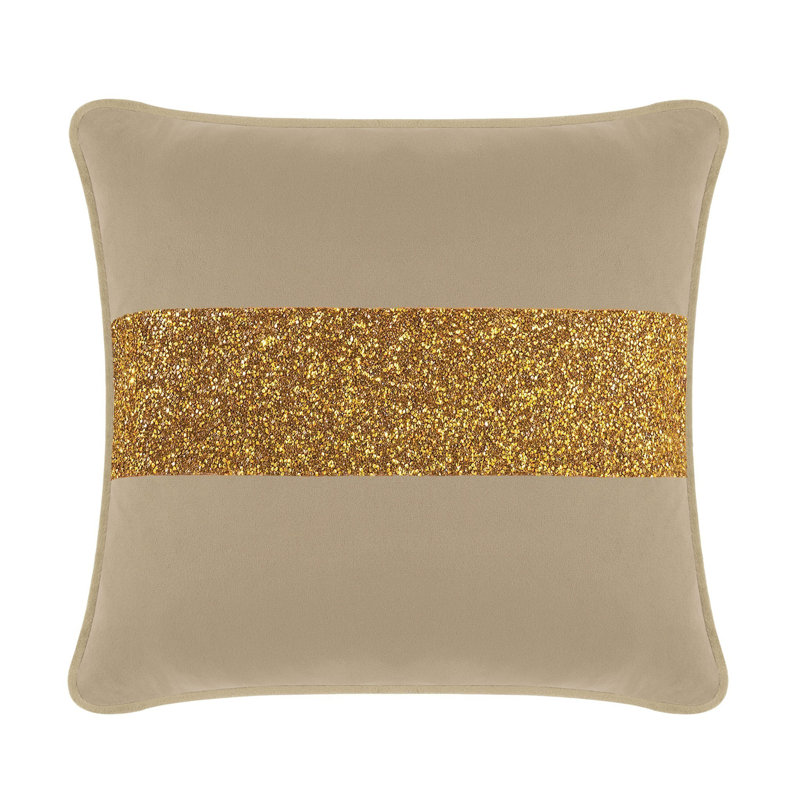 Coussin lumineux avec rayures strass - velours, Velours taupe / or, Carré 16 po